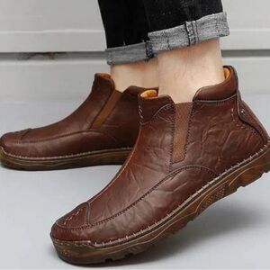 Real Leather moccasin Loafers Shoes Mens Round Toe Non-slip High Top Short Boots